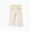 Flared twill trousers with embroidery for baby girls, light beige