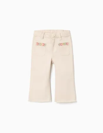Flared twill trousers with embroidery for baby girls, light beige