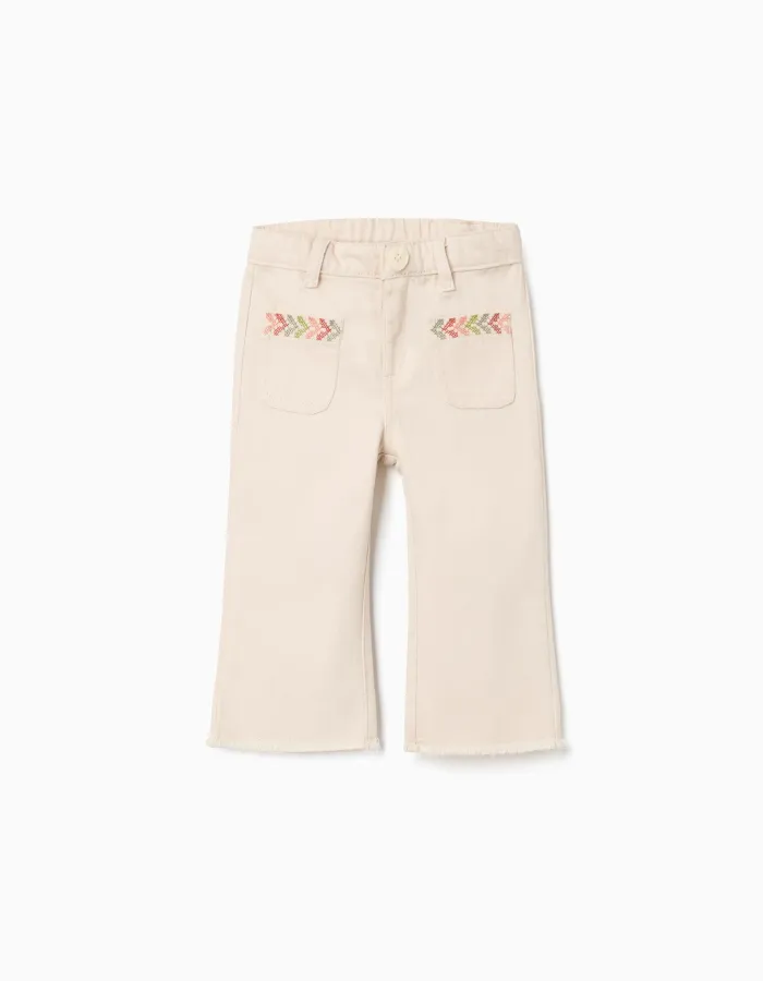 Flared twill trousers with embroidery for baby girls, light beige