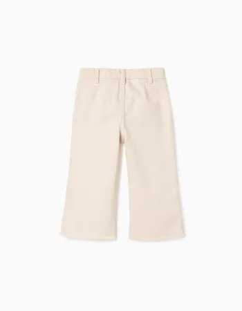 Flared twill trousers with embroidery for baby girls, light beige