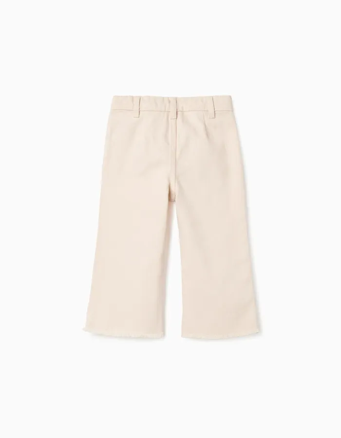 Flared twill trousers with embroidery for baby girls, light beige