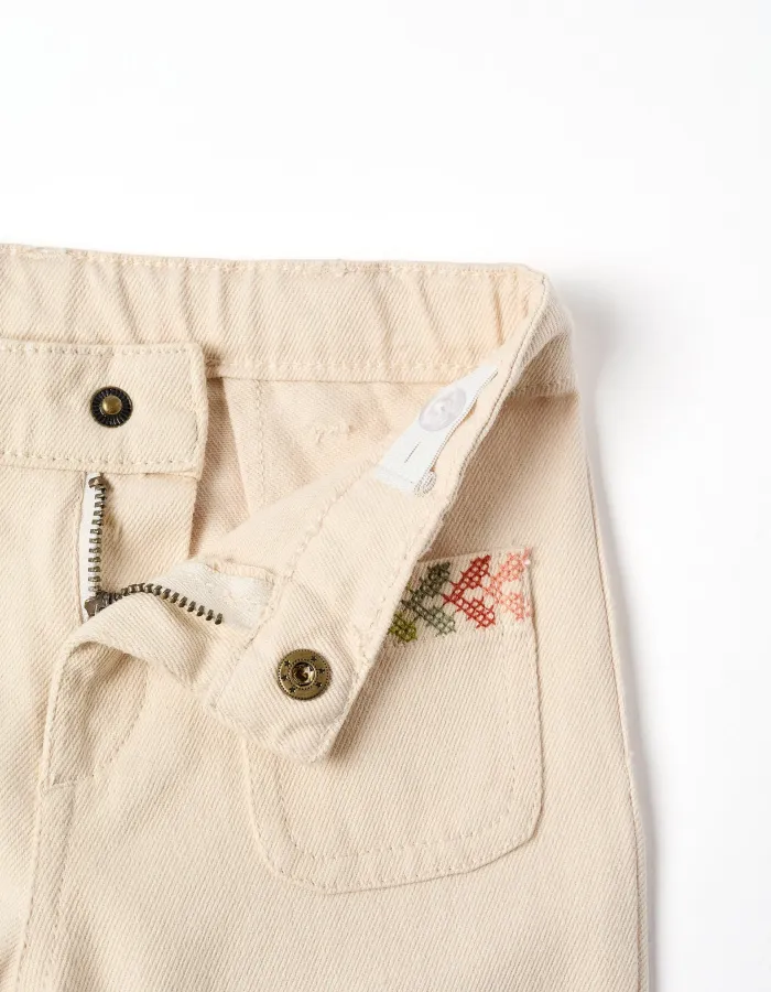 Flared twill trousers with embroidery for baby girls, light beige