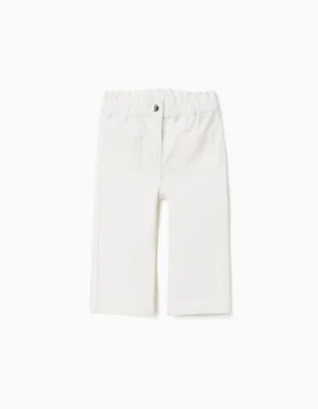 Wide leg twill trousers with paperbag waist for baby girls, white