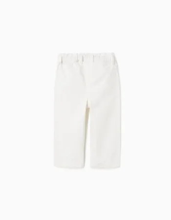 Wide leg twill trousers with paperbag waist for baby girls, white