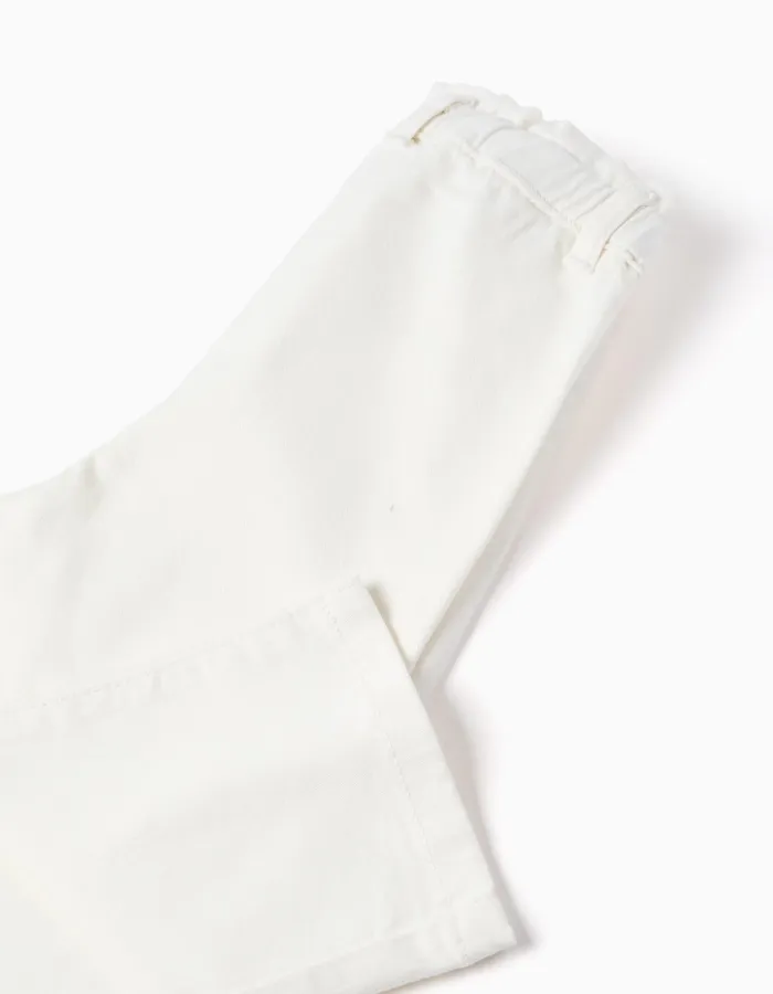 Wide leg twill trousers with paperbag waist for baby girls, white