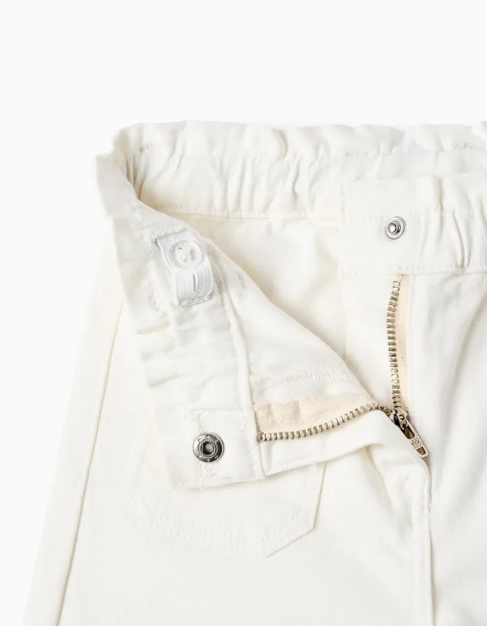 Wide leg twill trousers with paperbag waist for baby girls, white