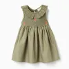 Dual-fabric dress with embroidered flowers for baby girls, dark green