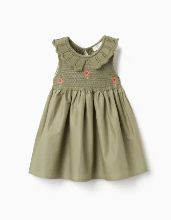 Dual-fabric dress with embroidered flowers for baby girls, dark green