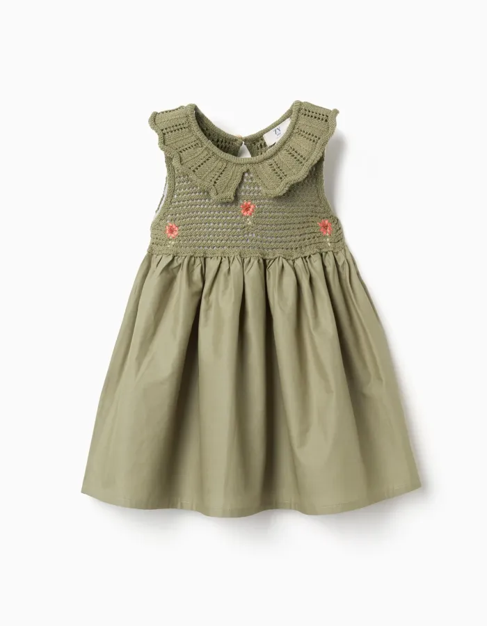 Dual-fabric dress with embroidered flowers for baby girls, dark green