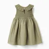 Dual-fabric dress with embroidered flowers for baby girls, dark green