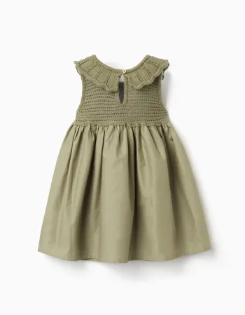 Dual-fabric dress with embroidered flowers for baby girls, dark green