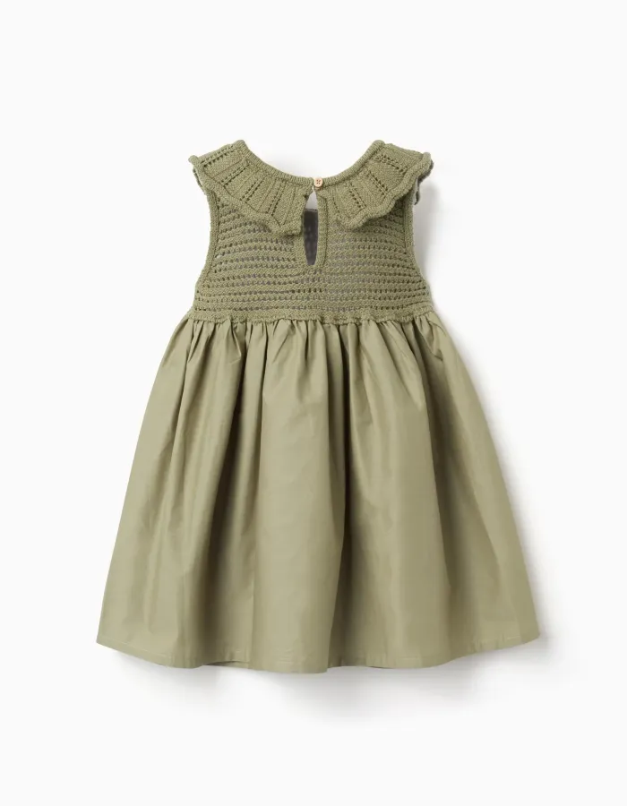 Dual-fabric dress with embroidered flowers for baby girls, dark green