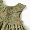 Dual-fabric dress with embroidered flowers for baby girls, dark green