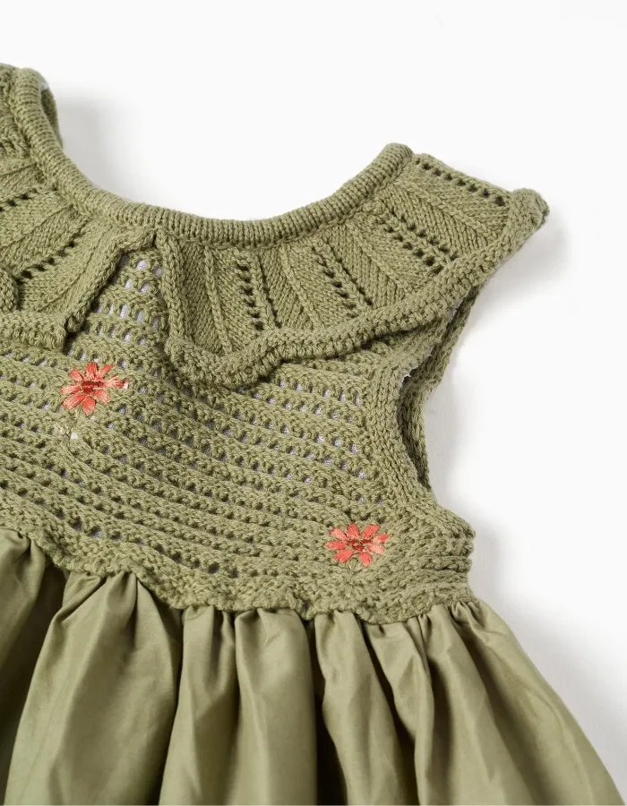 Dual-fabric dress with embroidered flowers for baby girls, dark green