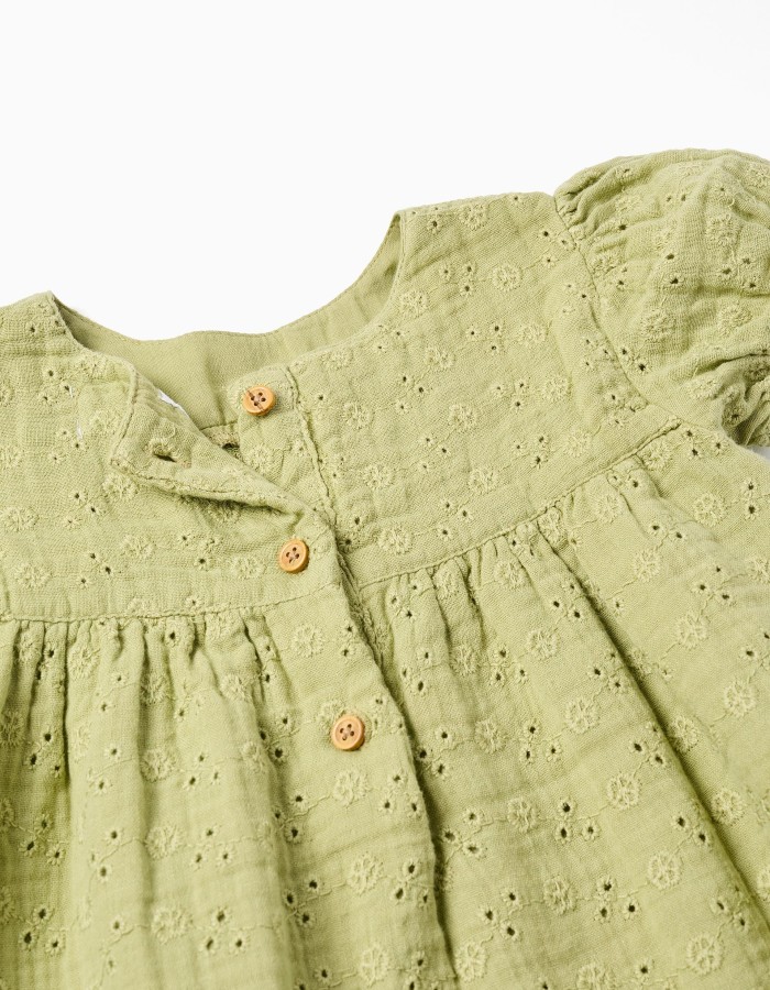 Cotton dress in broderie anglaise for baby girls, light green