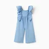 Wide leg denim jumpsuit with ruffles for baby girls, blue