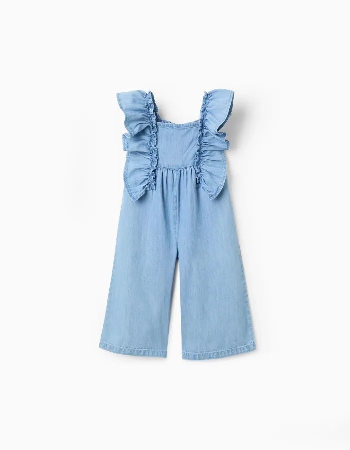 Wide leg denim jumpsuit with ruffles for baby girls, blue