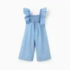 Wide leg denim jumpsuit with ruffles for baby girls, blue