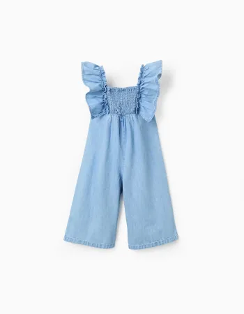 Wide leg denim jumpsuit with ruffles for baby girls, blue