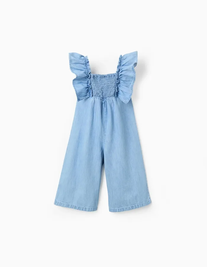 Wide leg denim jumpsuit with ruffles for baby girls, blue