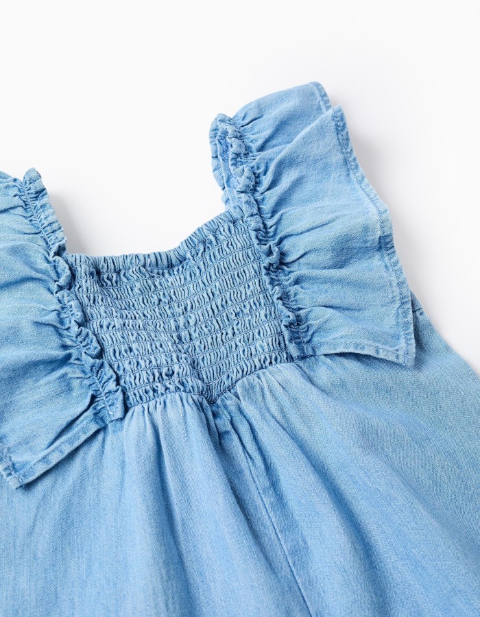 Wide leg denim jumpsuit with ruffles for baby girls, blue