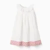 Cotton and linen dress with broderie anglaise for baby girls, light beige