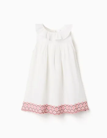 Cotton and linen dress with broderie anglaise for baby girls, light beige