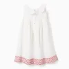 Cotton and linen dress with broderie anglaise for baby girls, light beige