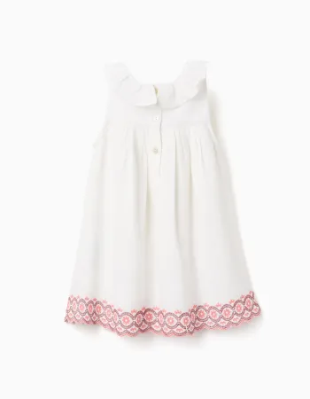 Cotton and linen dress with broderie anglaise for baby girls, light beige