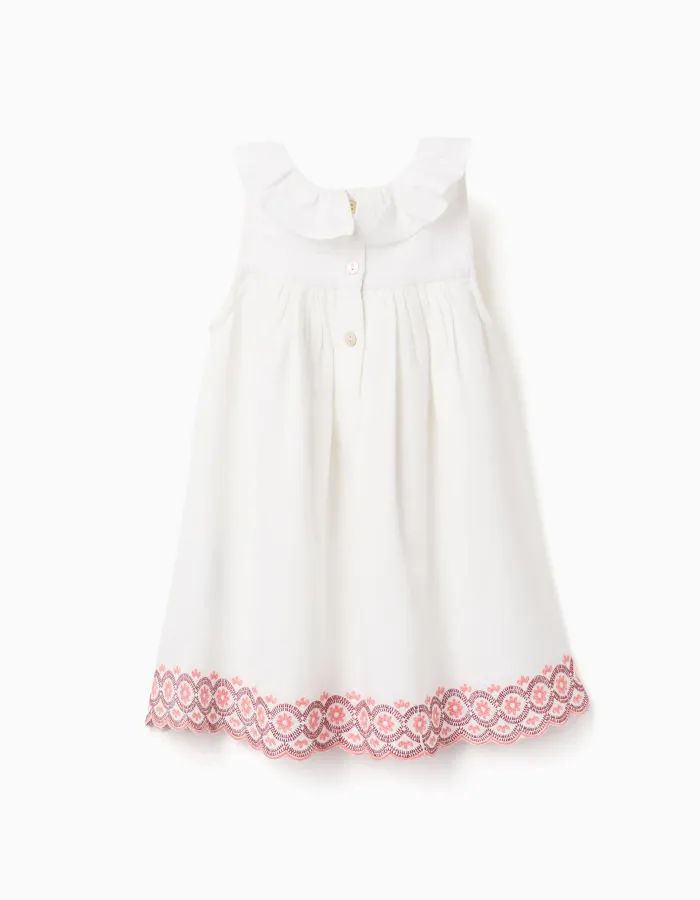 Cotton and linen dress with broderie anglaise for baby girls, light beige
