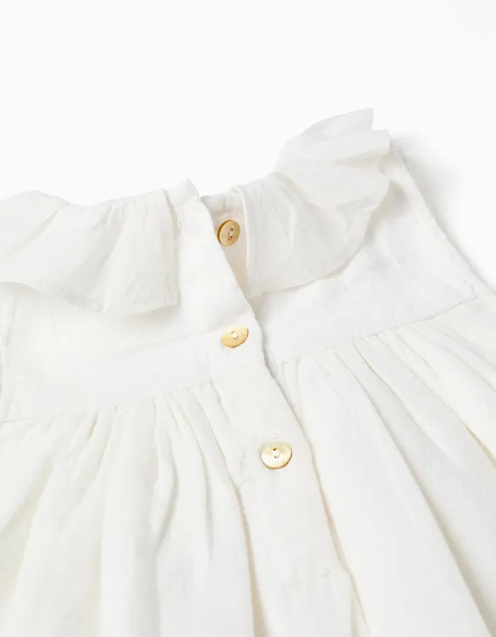 Cotton and linen dress with broderie anglaise for baby girls, light beige