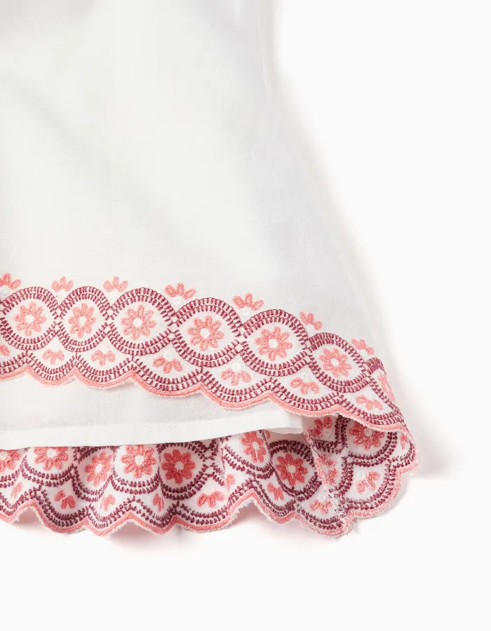 Cotton and linen dress with broderie anglaise for baby girls, light beige