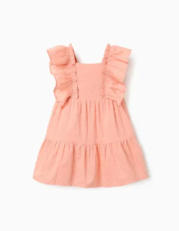 Cotton Swiss dot dress with ruffles for baby girls, salmon orange