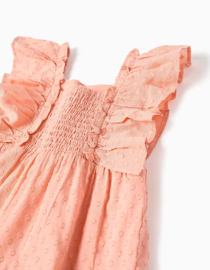 Cotton Swiss dot dress with ruffles for baby girls, salmon orange