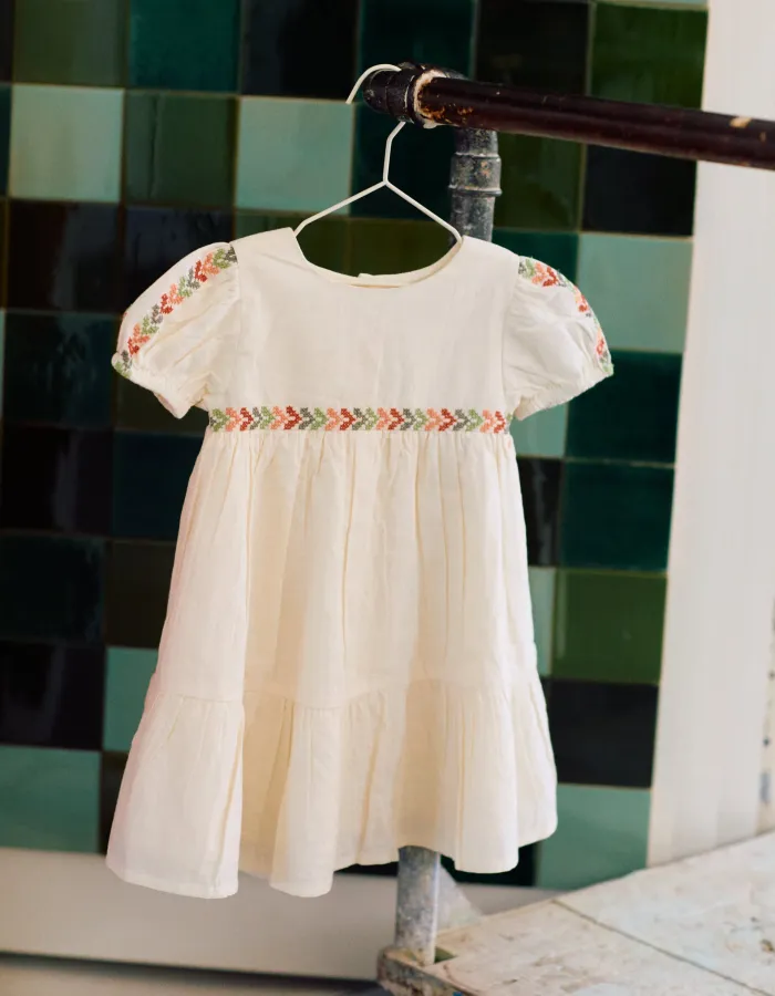 Linen dress with embroidery + bloomers for baby girls, light beige