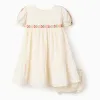 Linen dress with embroidery + bloomers for baby girls, light beige