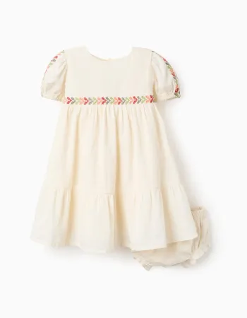 Linen dress with embroidery + bloomers for baby girls, light beige