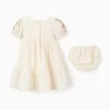 Linen dress with embroidery + bloomers for baby girls, light beige