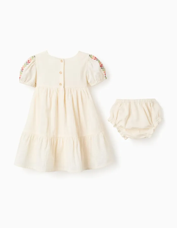 Linen dress with embroidery + bloomers for baby girls, light beige