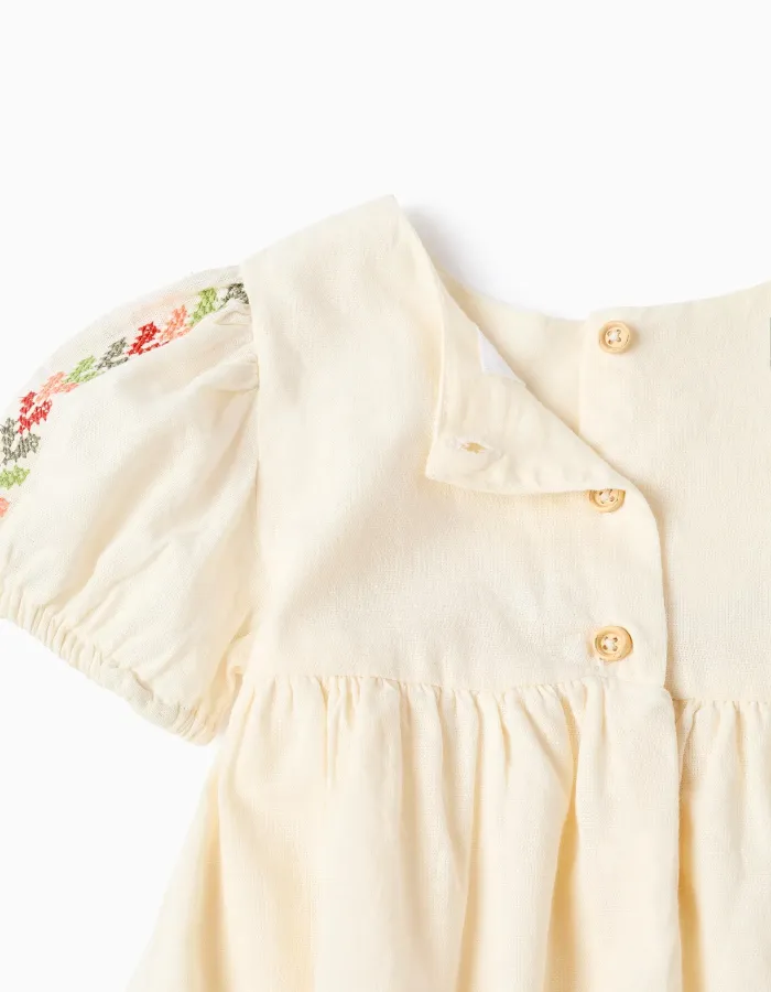 Linen dress with embroidery + bloomers for baby girls, light beige