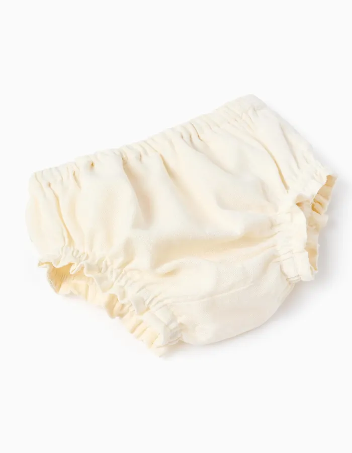 Linen dress with embroidery + bloomers for baby girls, light beige