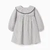 Striped cotton dress with ruffled collar B&S for baby girls, white/grey