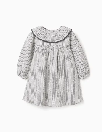 Striped cotton dress with ruffled collar B&S for baby girls, white/grey