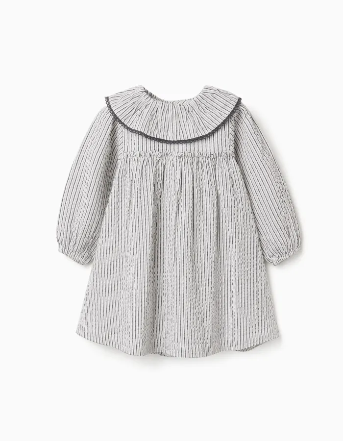 Striped cotton dress with ruffled collar B&S for baby girls, white/grey