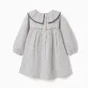 Striped cotton dress with ruffled collar B&S for baby girls, white/grey