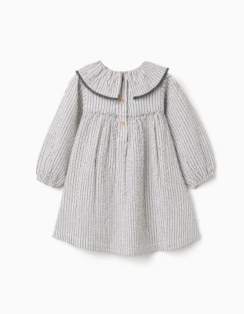 Striped cotton dress with ruffled collar B&S for baby girls, white/grey