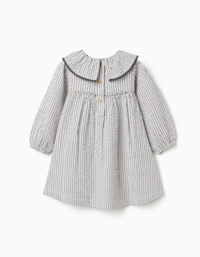 Striped cotton dress with ruffled collar B&S for baby girls, white/grey