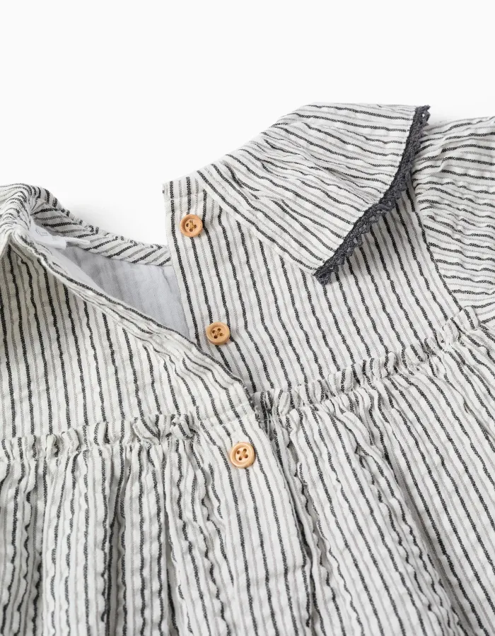 Striped cotton dress with ruffled collar B&S for baby girls, white/grey