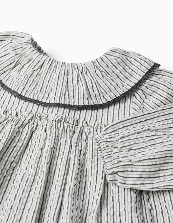 Striped cotton dress with ruffled collar B&S for baby girls, white/grey