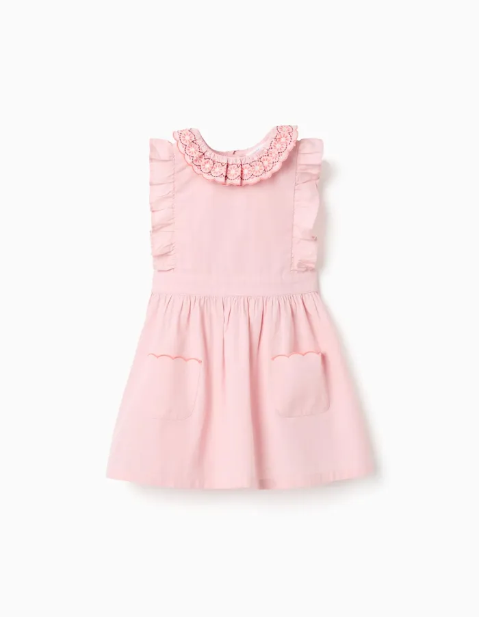 Poplin dress with ruffled collar and sleeves for baby girls, pink